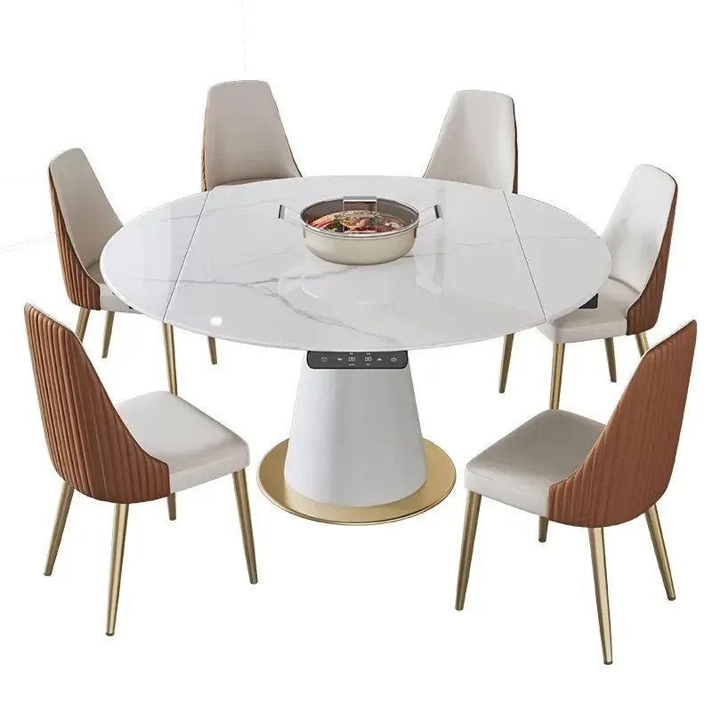 Sintering stone retractable dining table round square convertible rotating hot pot table built-in induction cooker household