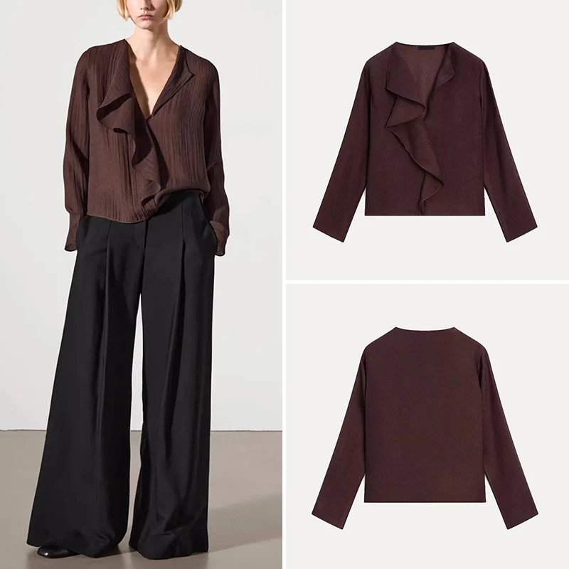 

Женская рубашка ZADATA с длинным рукавом и V-образным вырезом, модель 2025 года, новый стиль, приталенный крой, из полиэфирного волокна, однотонная, для делового повседневного стиля