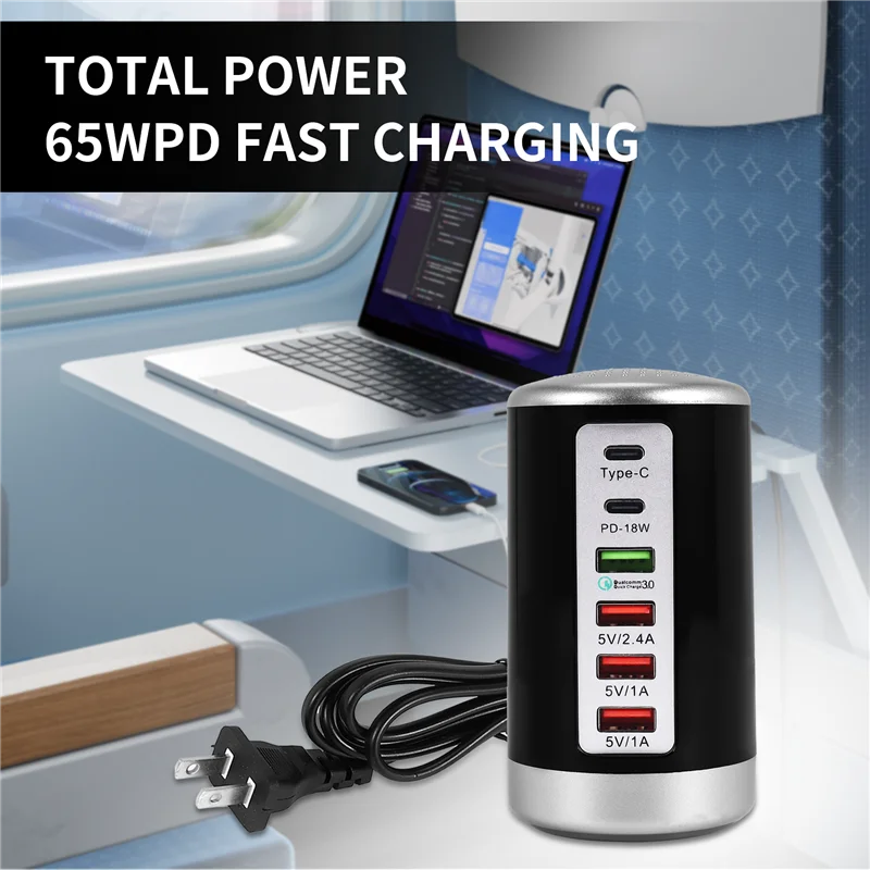 

Classic-65W USB Fast Charger HUB Quick Charge QC3.0 Multi 6 Port USB Type C PD Charger Charging Station US Plug