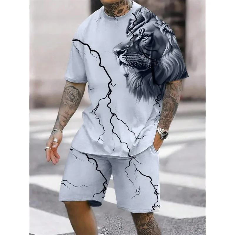 2025 New 3D Lion Printed Round Neck Short Sleeve T-shirt Fashion Shorts Set for Men's Summer Outdoor Sports Set