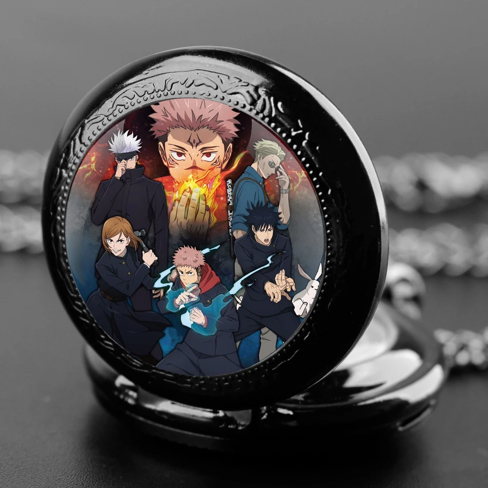 Anime Jujutsu Kaisen Design Glass Dome, reloj de bolsillo de cuarzo con números árabes, cadena colgante, regalos para hombres y mujeres