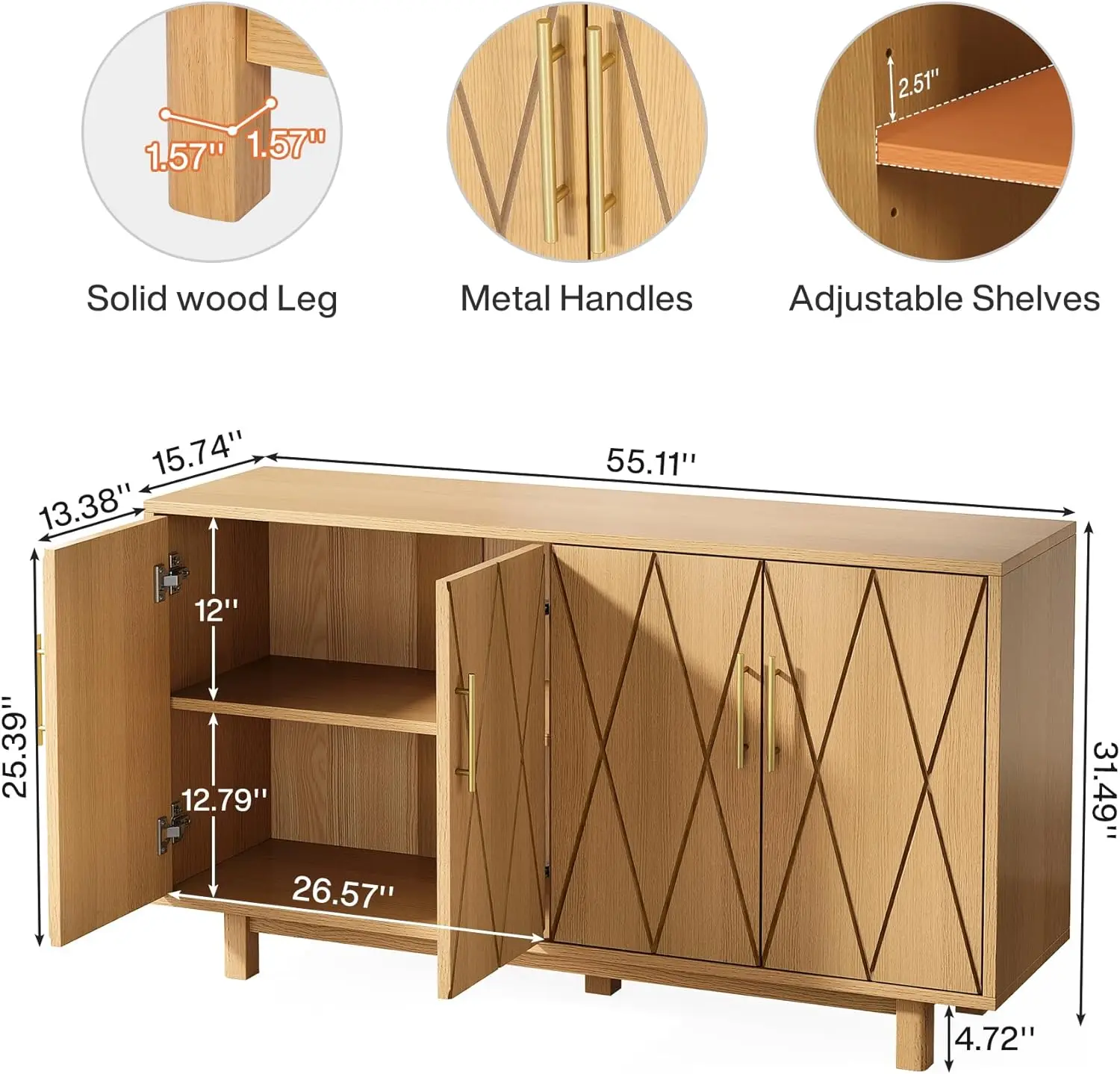 Mobile Buffet da 55 "con contenitore, credenza grande con ripiani regolabili, mobiletto portaoggetti per Console Bar in legno