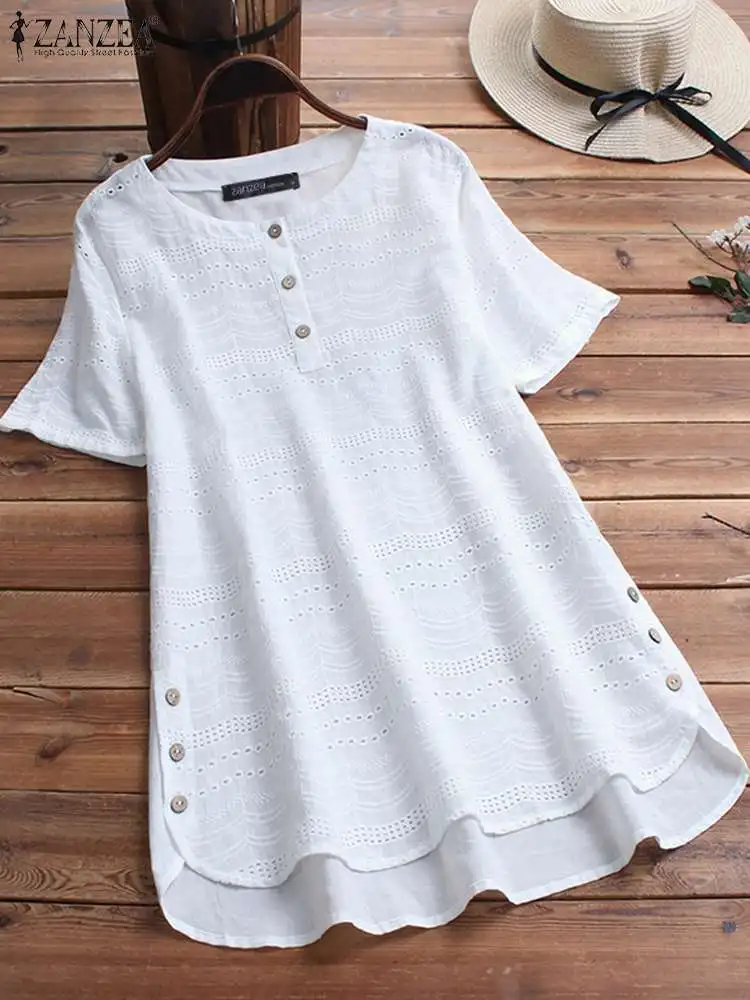 ZANZEA 2024 Summer Hollow Out Lace Long Blouses Women Casual Loose Short Flared Sleeve Blusas Everyday Solid Color Tunic Tops