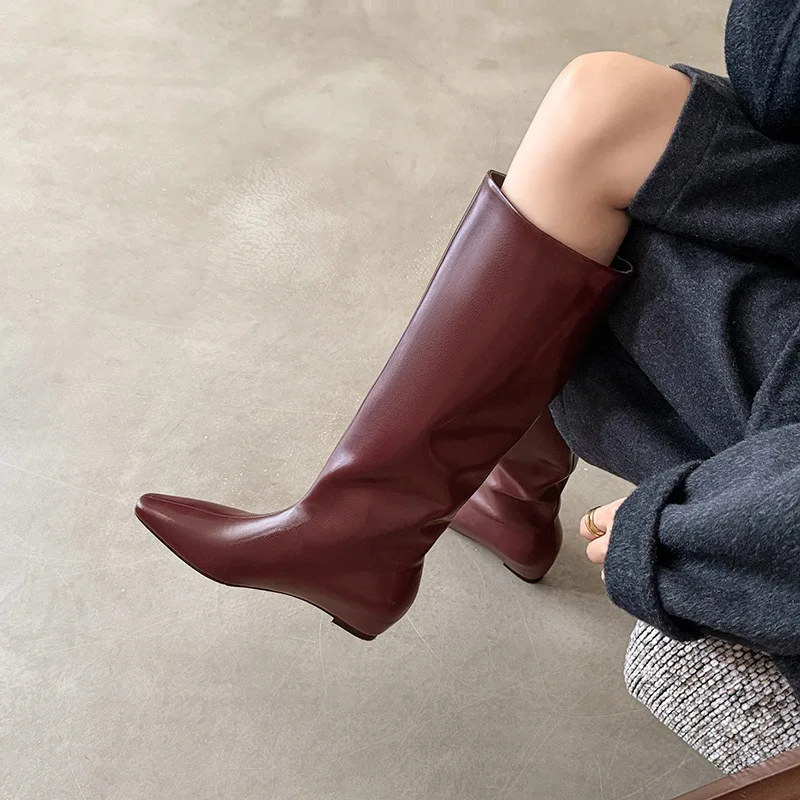 Arden Furtado Cowhide Increased Internal Modern Boots Square Toe Slip-On Knee High Boots Large Size Simple Style Boots