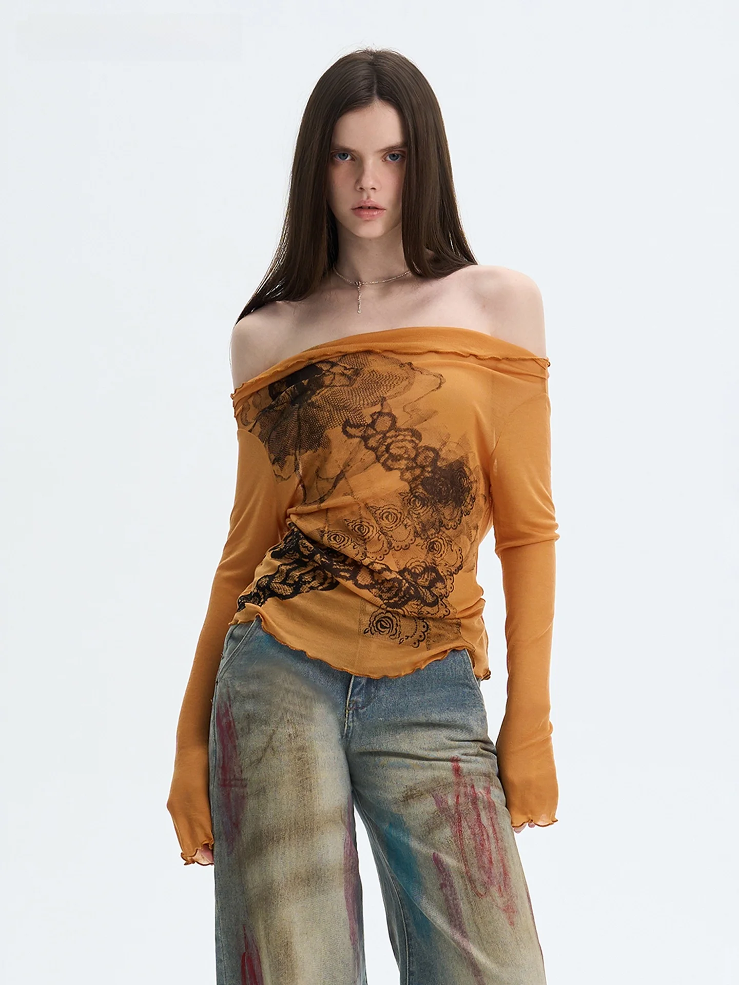 

Retro Knitted One-Shoulder Base Shirt Hot Girl Cold Snow Winter Lyric Lenzing Fiber Loose Fit Long Sleeve Plant Floral Pattern