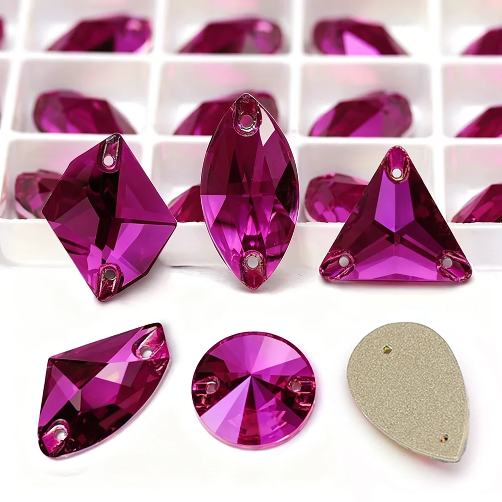PUBRILEX Fuchsia Glass Sewn Rhinestones Flat-back DIY Crafts Arts Supplies Purple Sewing Crystal Stones For Bags Home Decoration