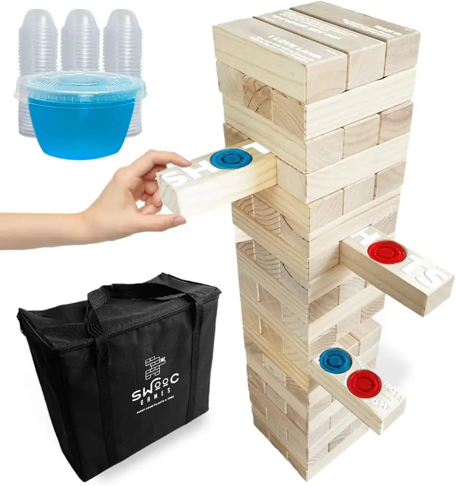 

Games - Giant Tower Party Game with Hidden Jello Shots - includes Disposable Cups, Lids & Carrying Case - Stacks up to 5ft