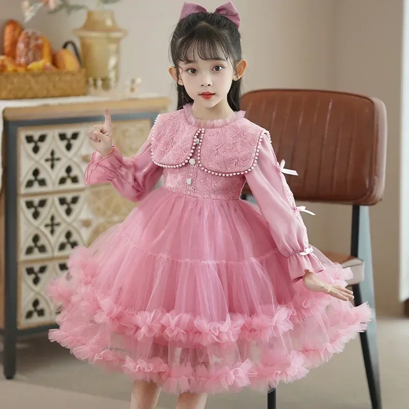 Girls' Dress 2024 New Winter Fashionable Fluffy Yarn Skirt Children's Plush Skirt Little Girl Long sleeved Princess Skirt