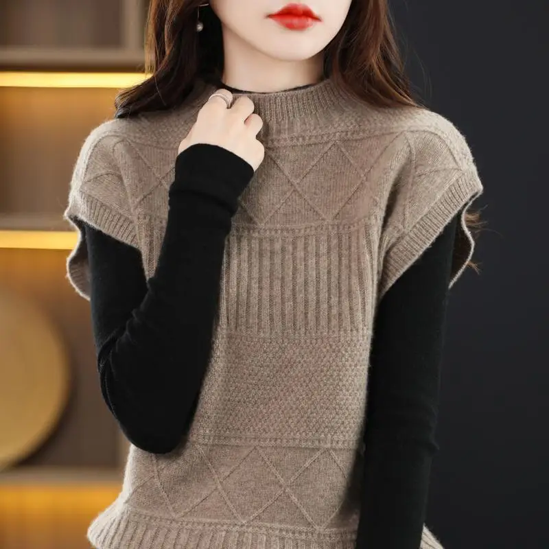 Fashion Stand Collar Knitted Casual Vest Sweaters Women Clothing 2023 Autumn Winter Oversized Commuter Pullovers Korean Tops