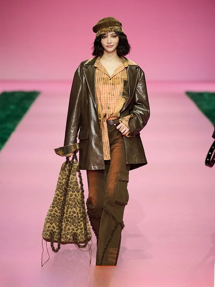 DNT Silhouette retrò Abito in PU di colore puro Jaet in pelle testurizzata Jaet New Sle Coreano Fuoco Fuoco Faion Capispalla