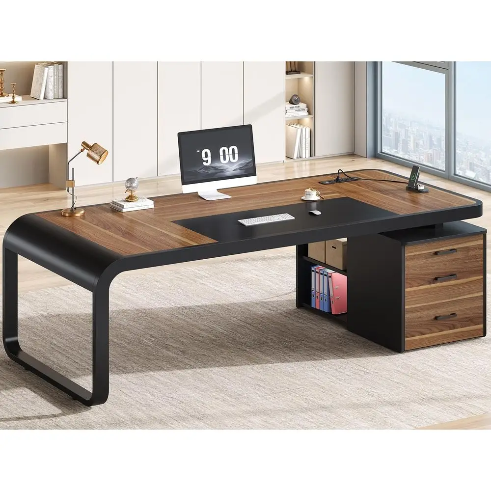 Walnut Large Executive Desk with Drawers, Lateral File Cabinet, and Removable Shelves for Home or Office Use