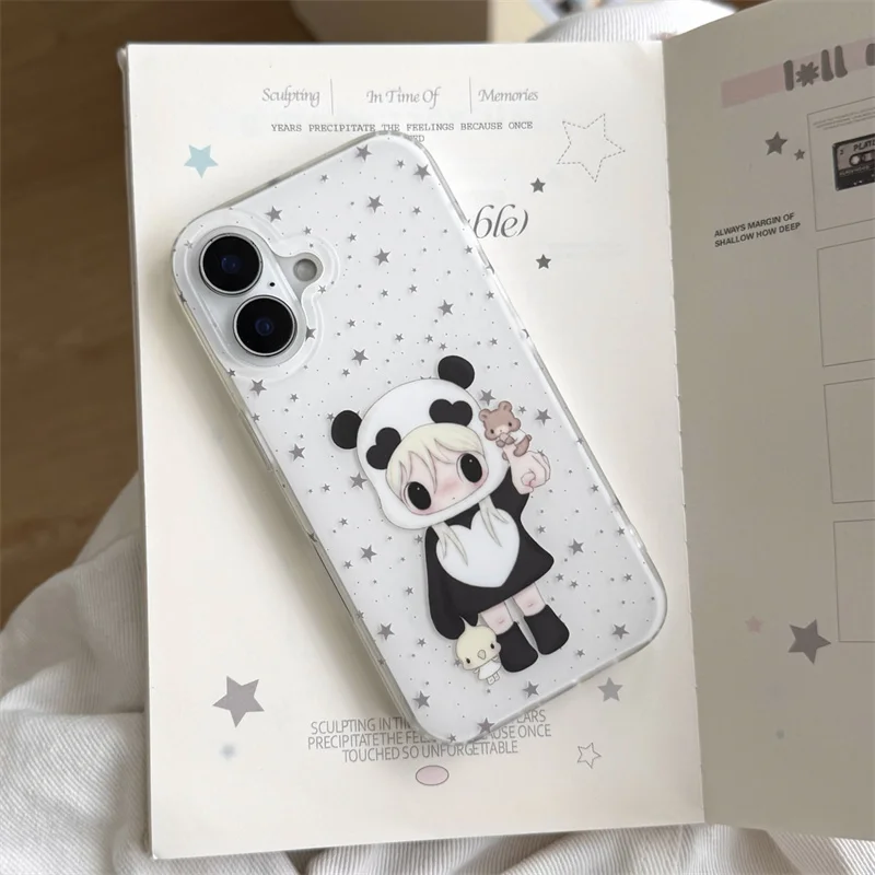 

New Fashion iPhone case Black White Panda Girl Phone Case With Star Print Anti-scratch Shockproof Cover For iPhone 17 16 15 Pro