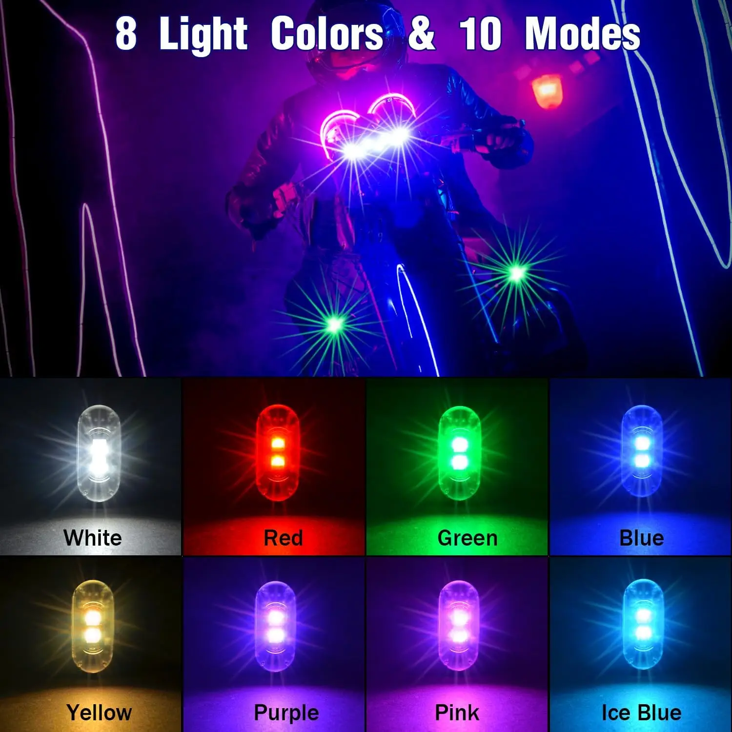 Wireless LED Strobe Lights with Remote Control, 8 Colors Rechargeable Anti-Collision LED Warning Lights for Car Motorcycle Bike