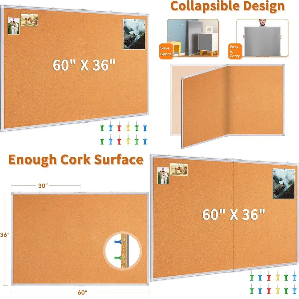 

60 x 36 Wall-Mounted Corkboard, Aluminum Framed, Foldable Office & Home Memo Board
