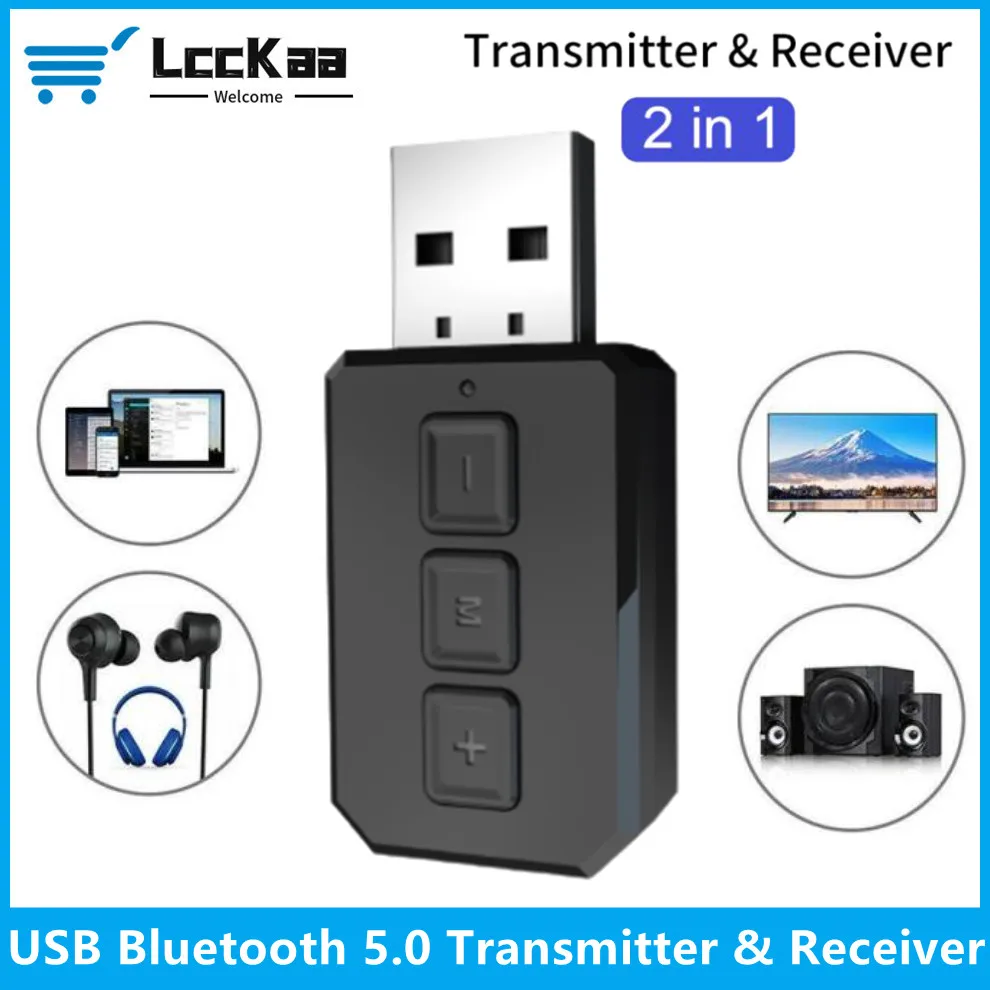 

LccKaa USB Bluetooth 5.0 Transmitter Receiver 2 In 1 Wireless Audio Adapter with 3.5mm Cable MIC for Car TV Earphone Speaker Aux