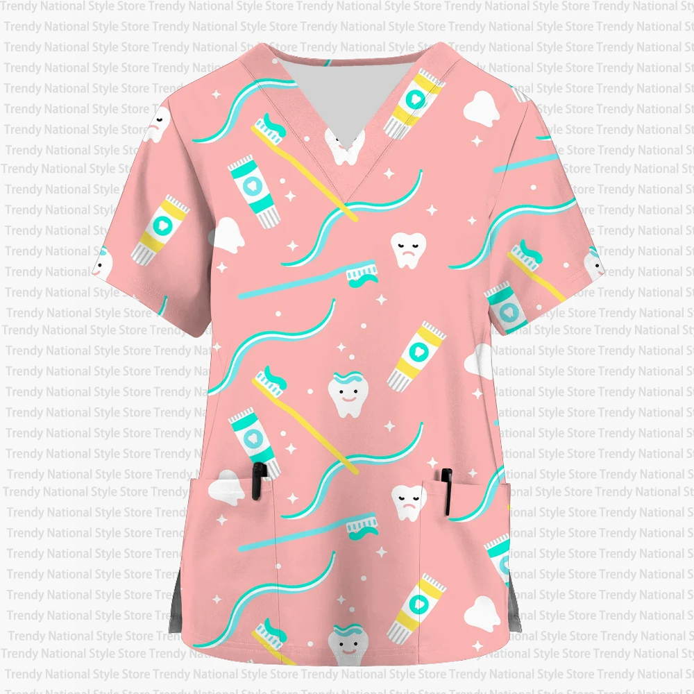 New Summer Women's Hospital Clinic Dental Pet Shop Care Uniform T-Shirt V-Neck Short Sleeve Frosted Top with Printed Design - view 4