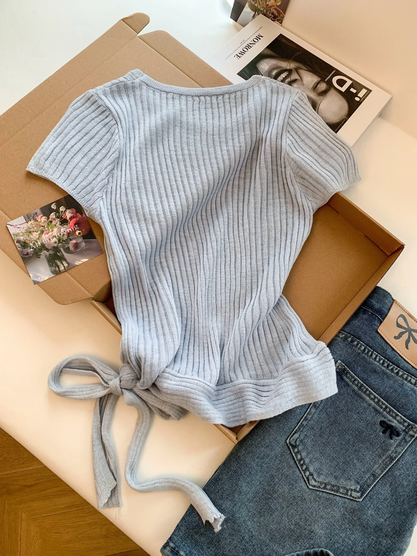 

Pure Color Knitted T-Shirt Women's Summer New Slim Fit round Neck Short Sleeve Asymmetric Shoulder Top Knot Design