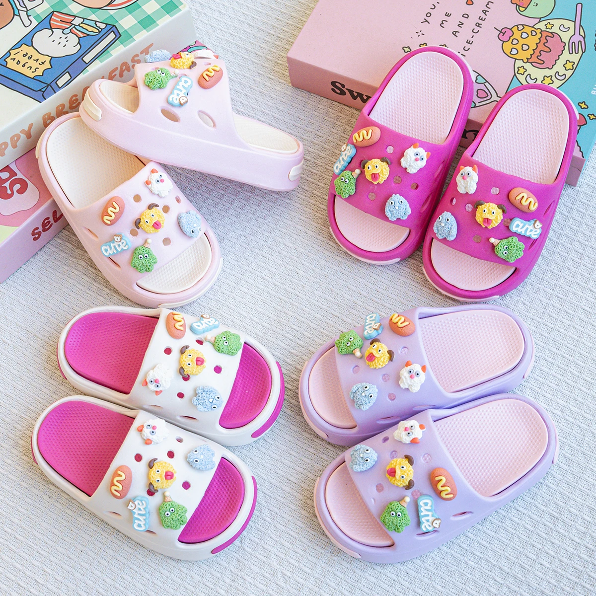 New Trendy Cartoon Cute Little Monster Versatile Girls' Eva Slippers Fashionable Dual-Color Soft-Soled Non-Slip Sandals 831