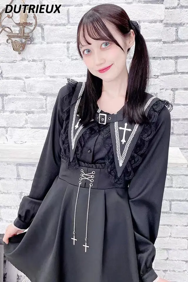 Rok Suspender hitam wanita, rok Suspender hitam Harajuku, rok Suspender rantai silang gaya Jepang, rok pelajar pinggang tinggi netral modis