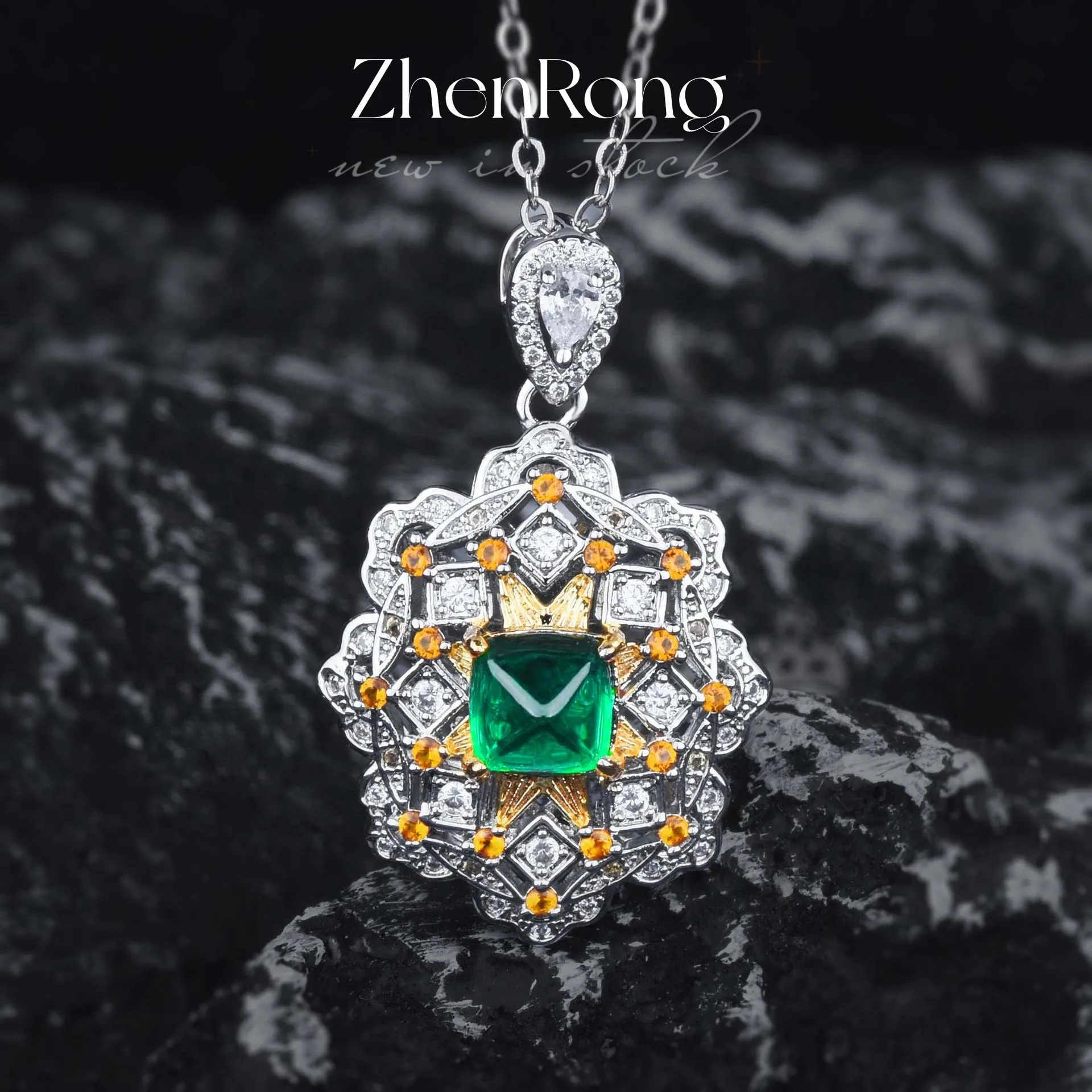 Foydjew Retro Court Style Lace Hollow Out Simulation Emerald Jewelry Sets Pendant Necklaces Rings Green Crystal Drop Earrings