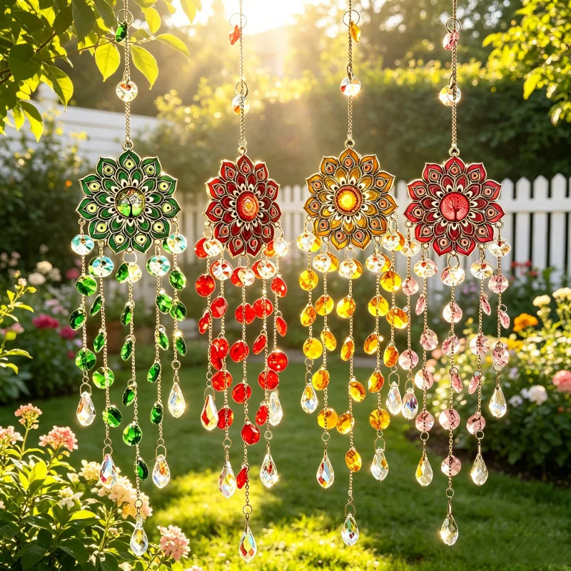 Vibrant Mandala Flower Gemstone Sun Catcher For Home Garden Window Decor Colorful Rainbow Maker With Metal Frame 21 Inch