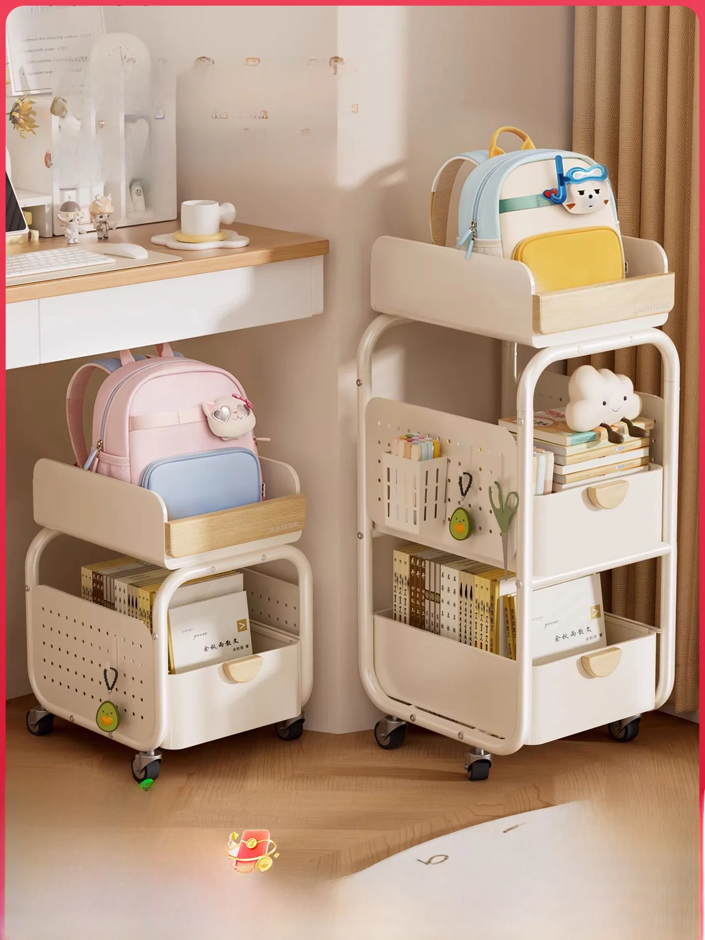 mobile-bookbag-storage-rack-with-wheels-multi-layer-table-slide-cabinet-snack-book-storage-cart-children's-movable-small-cart