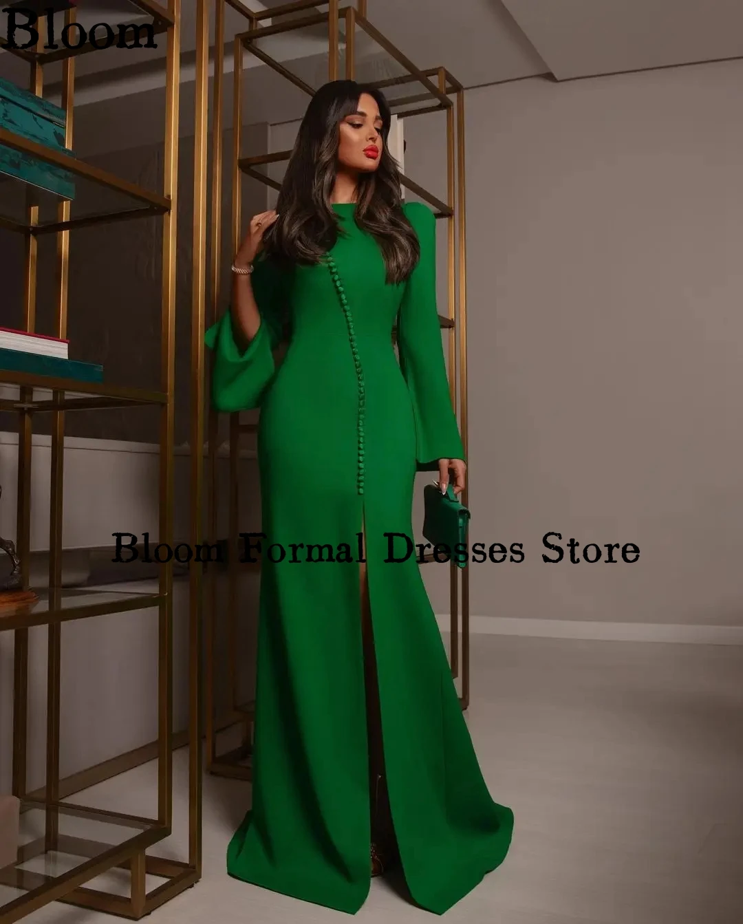 Bloom Green Noble Evening Dresses For Prom Long Sleeves Buttons Floor-length Simple Formal Dress Celebration Wedding Party Dress