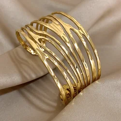 Irregular Geometric Hollow Stainless Steel Cuff Bracelet Exaggerated Gold Silver Color Wide Open Bangles Waterproof Jewelry