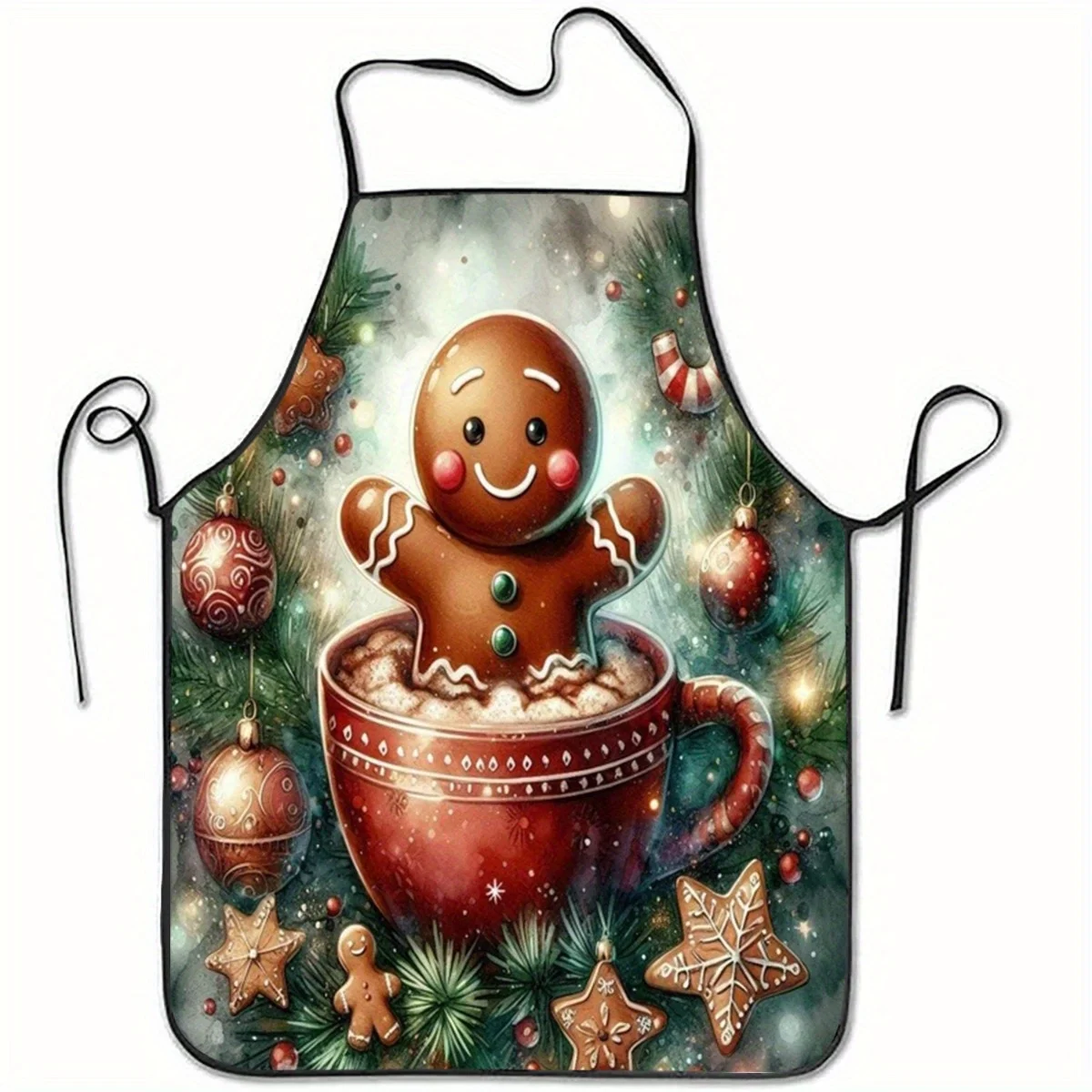 1pc Festive Gingerbread for Man in Mug Christmas Apron Polyester Kitchen Party Apron with Holiday Decorations for Cooking Baking