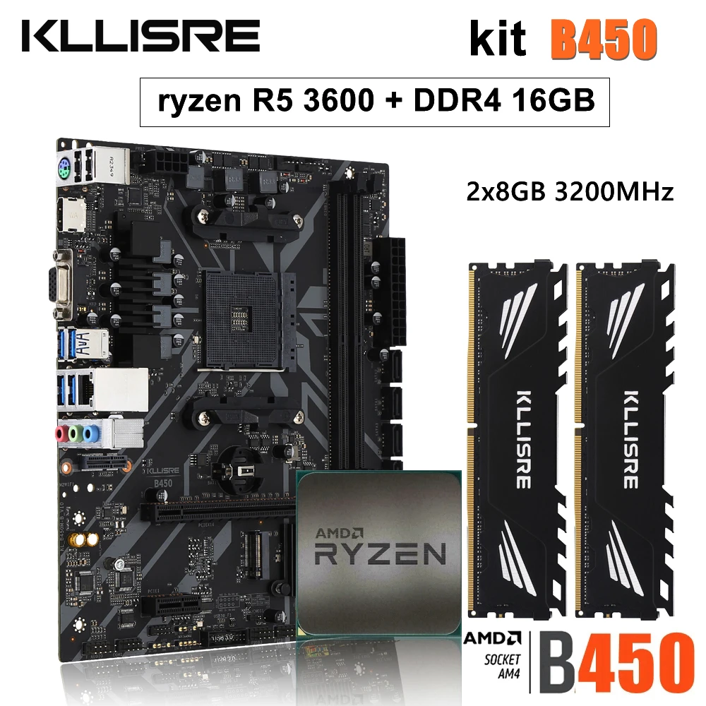 kllisre B450 Kit amd ryzen r5 5 3600 processor DDR4 16GB (2*8GB) 3200MHz memory AM4 B450M motherboard