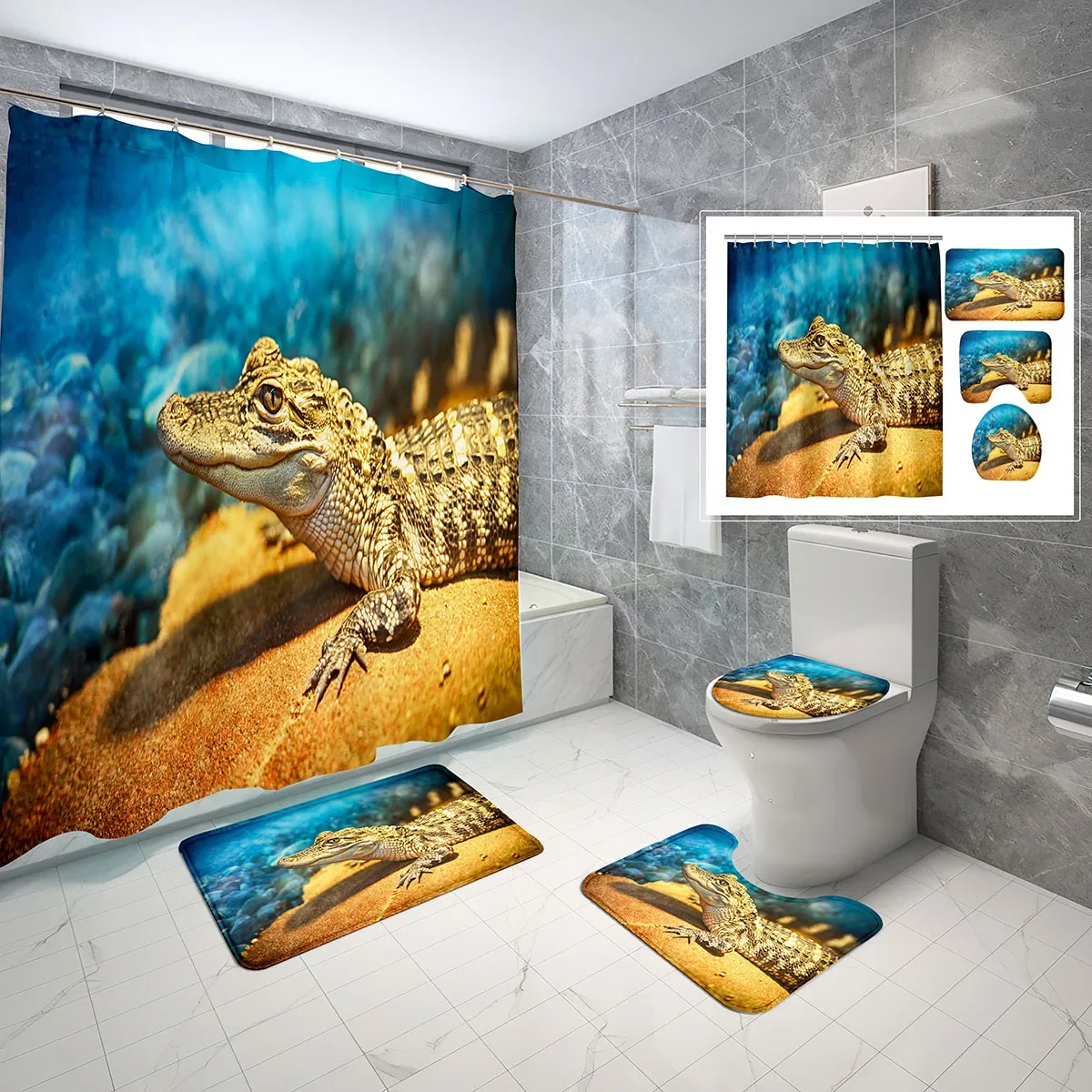 4 Piece Set Wild Animal Crocodile Shower Curtain with Non-Slip Rugs Toilet Lid Cover Waterproof Bath Curtain for Bathroom Decor