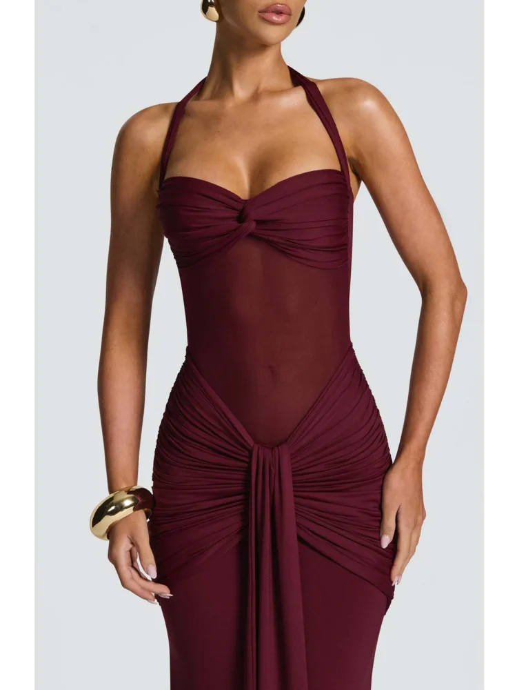 Articat Elegant Hanging Neck Mesh Patchwork Long Dress Women Sexy Sleeveless Backless Tight Party Evening Dress Sheer Formal