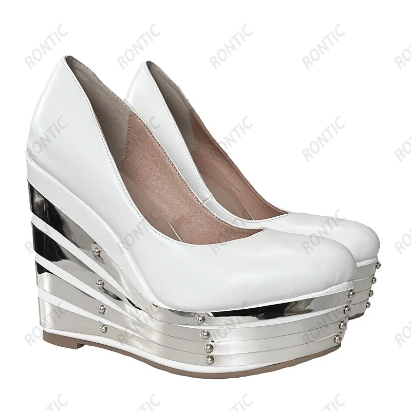 

Rontic Handmade Women Summer Platform Pumps Wedges High Heels Round Toe Beautiful Gold Silver Party Shoes US Plus Size 5-20