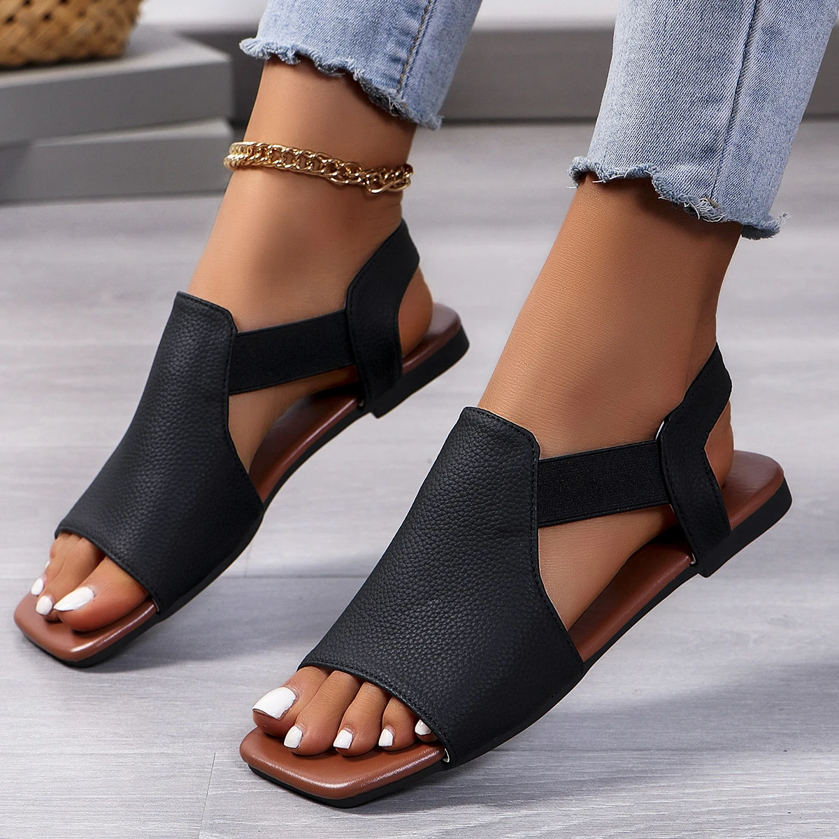 New Women Flat Sandals Leather Slingbacks Sandal Rome Style Summer Casual Outdoor Ladies Shoes Open Toe Fish Mouth Shoes Zapatos