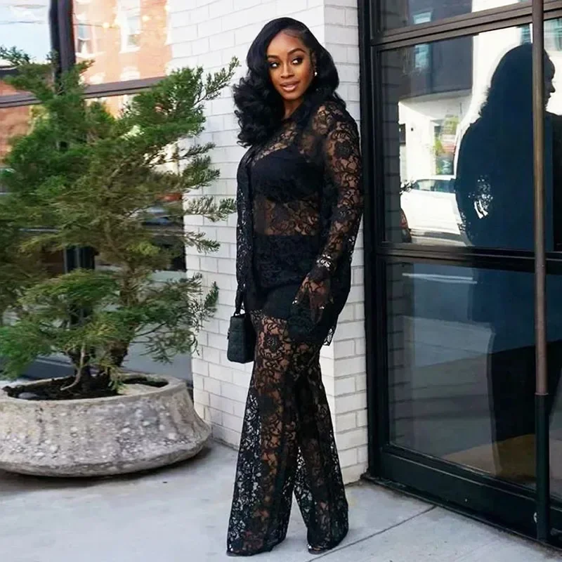 الأزهار الدانتيل مثير نادي الزي للملابس النسائية انظر من خلال قميص طويل الأكمام أعلى وسراويل واسعة الساق فرقة 2 قطعة فام