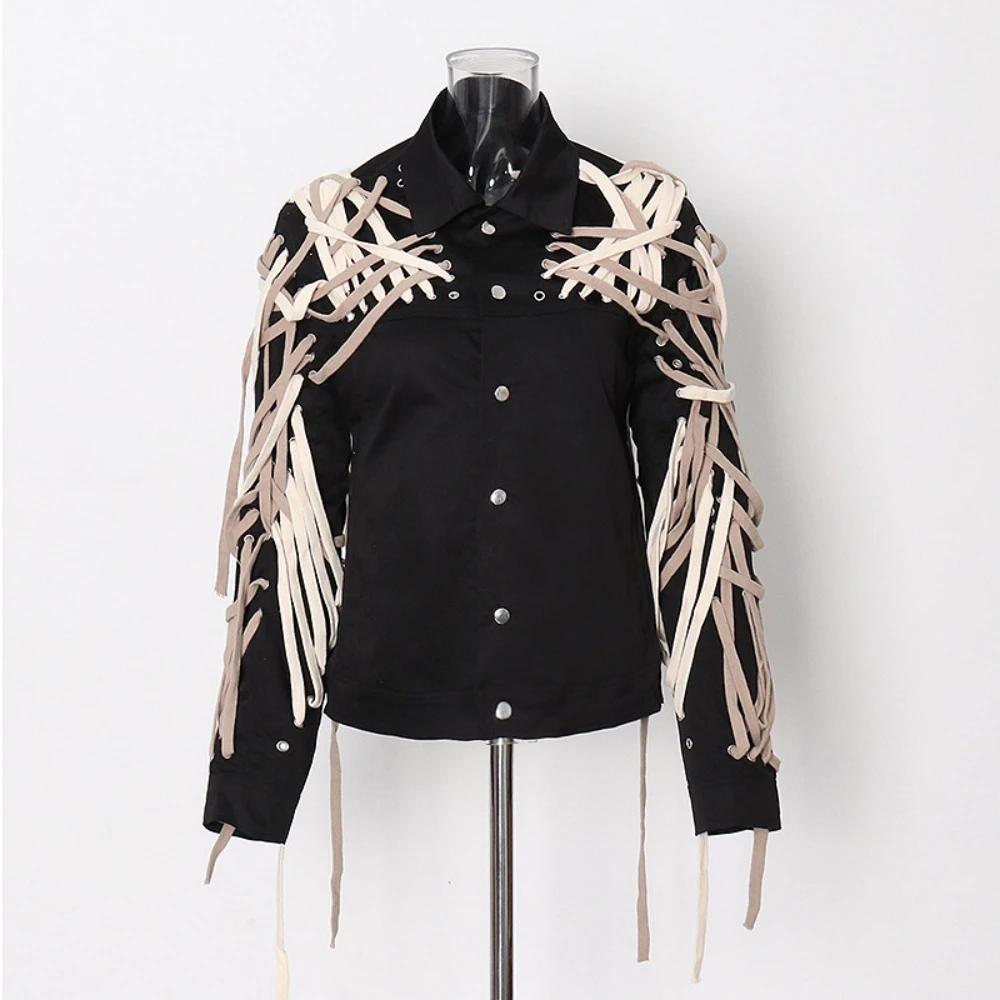 2024 New Fashion Heavy Craft Jacket with Dark 3D Straps lace up and Single-Breasted Design, Contrast Color Women's Coat