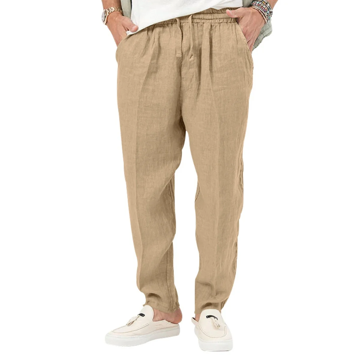 Men's Summer New Style Casual Cotton-Linen Long Pants Fashionably Loose-Fitting Straight Leg with Elastic Waist Outdoor Sports P