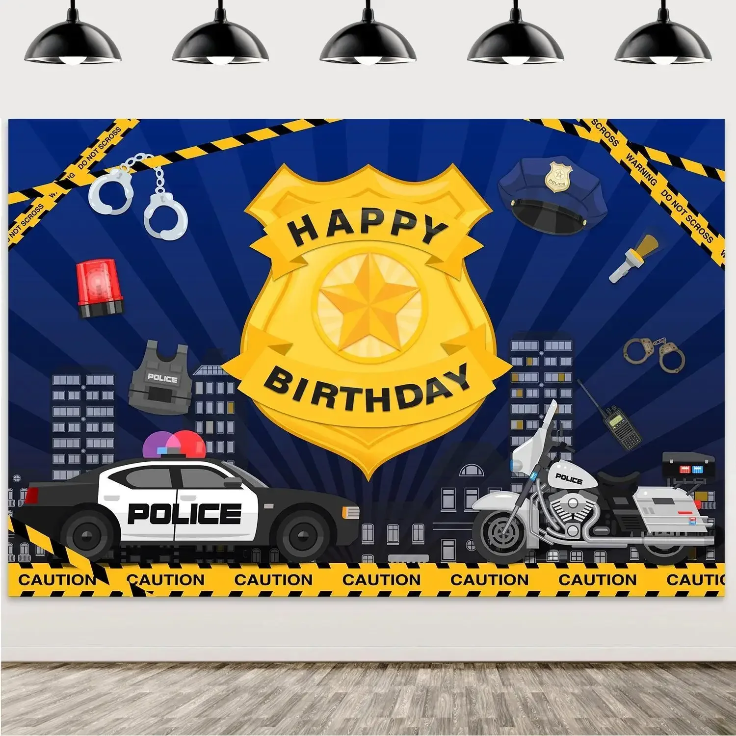 Police theme birthday party background props, black, blue, yellow, police car banner, background cloth