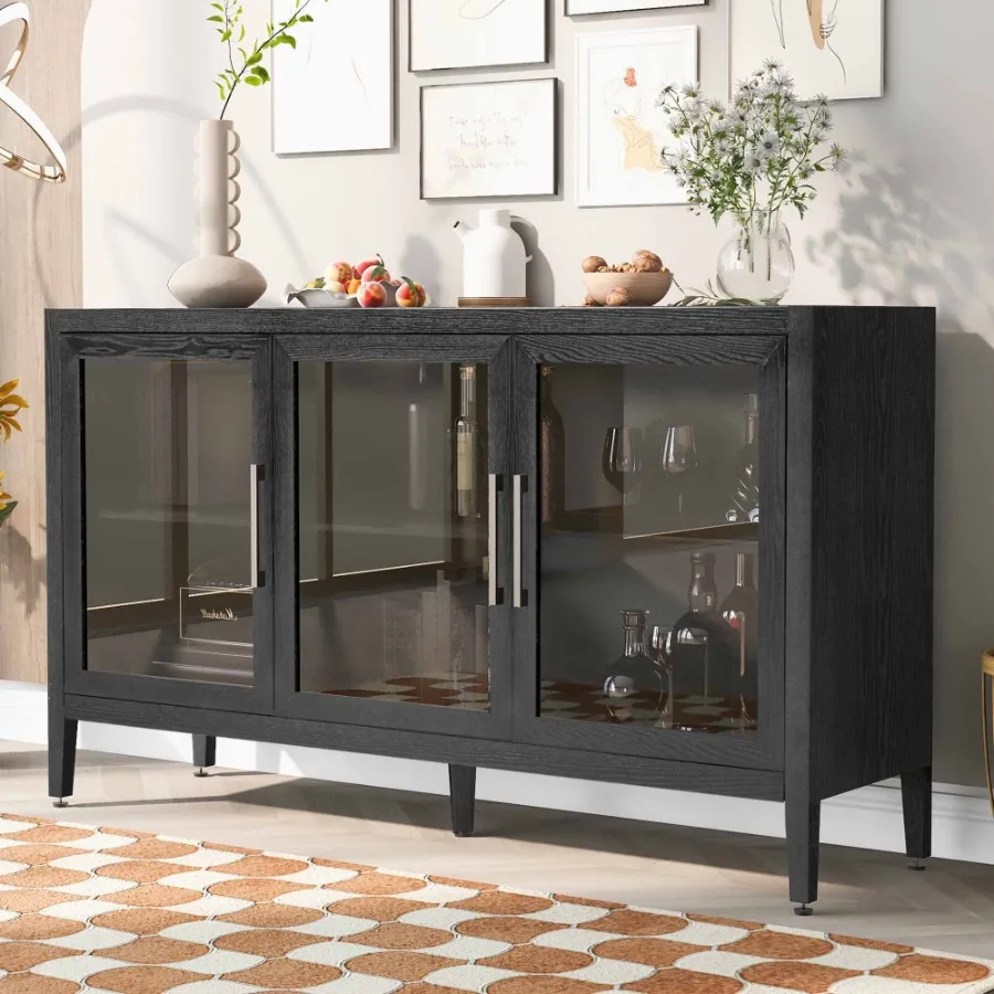 

Wood Storage Cabinet with Three tempered glass doors and Adjustable Shelf Suitable for living room study and entrance