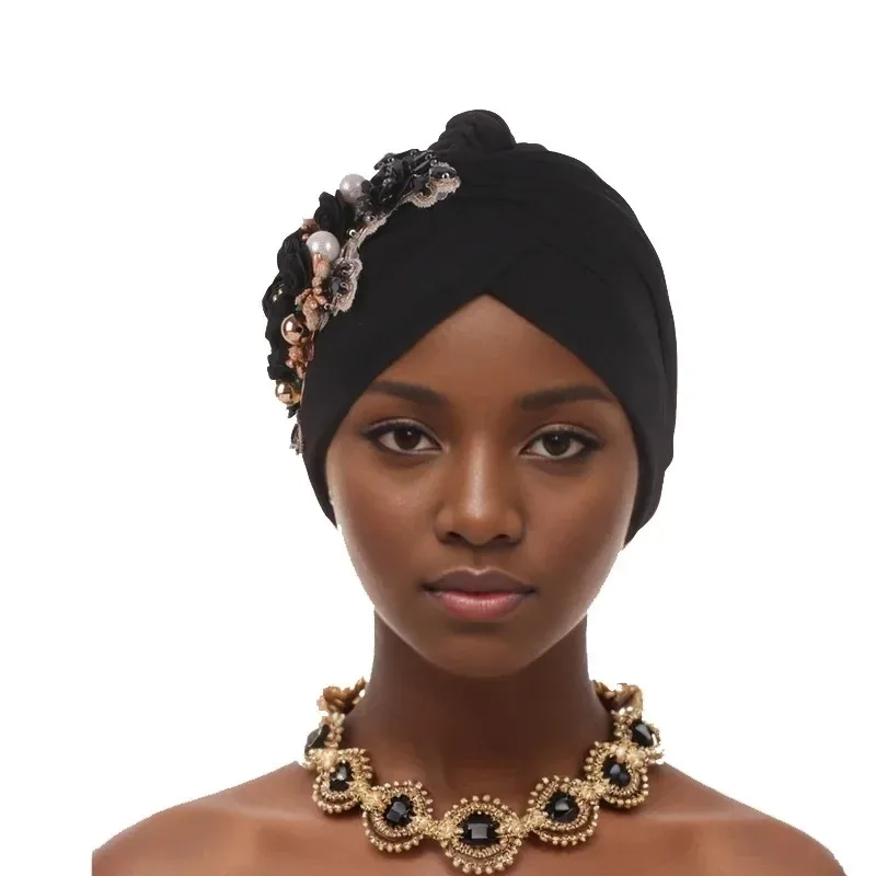 

African Party Evening Turban Cap for Women Flowers Head Wraps African Muslim Headscarf Bonnet African Headtie Caps