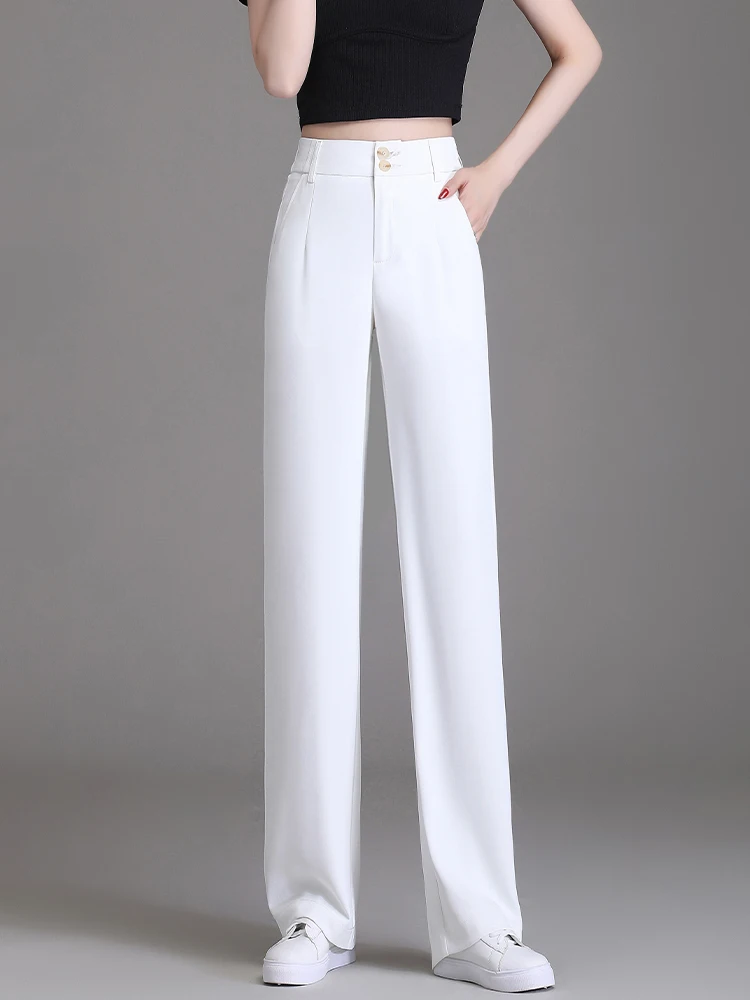 

Женские летние тонкие повседневные брюки с высокой талией и широкими штанинами из ледяного шелка, прямого кроя, из полиэфирного волокна, для повседневной носки