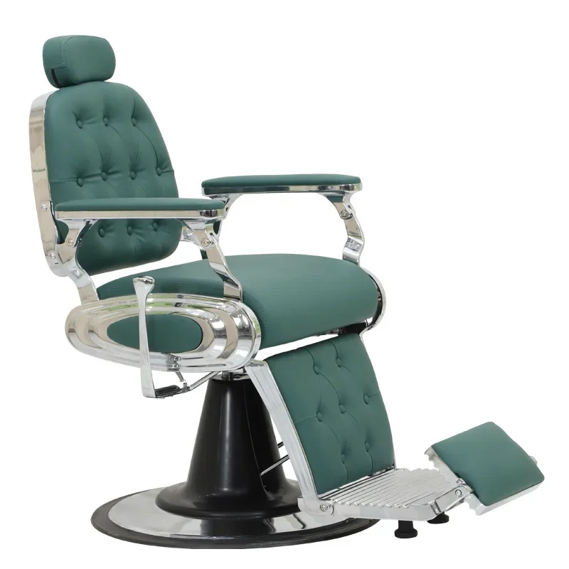 High-quality All-aluminum Alloy Green PU Leather Retro Backrest Large Oil Pump Customizable Color Salon Barber Chair