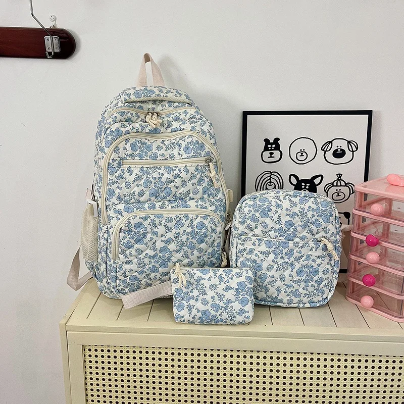 Pastoral Floral Backpack Set Soft Cotton Padding Multi Pocket School Bag Fashion Backpack For Short Trip Photograph Teen Girls