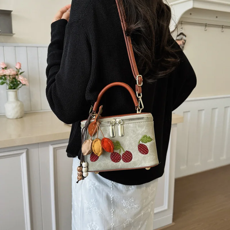 Vintage Cherry‑Embroidery Box Handbag Women Portable Top‑handle Purse with Fruit Charm Casual Cross Body Shoulder Bag