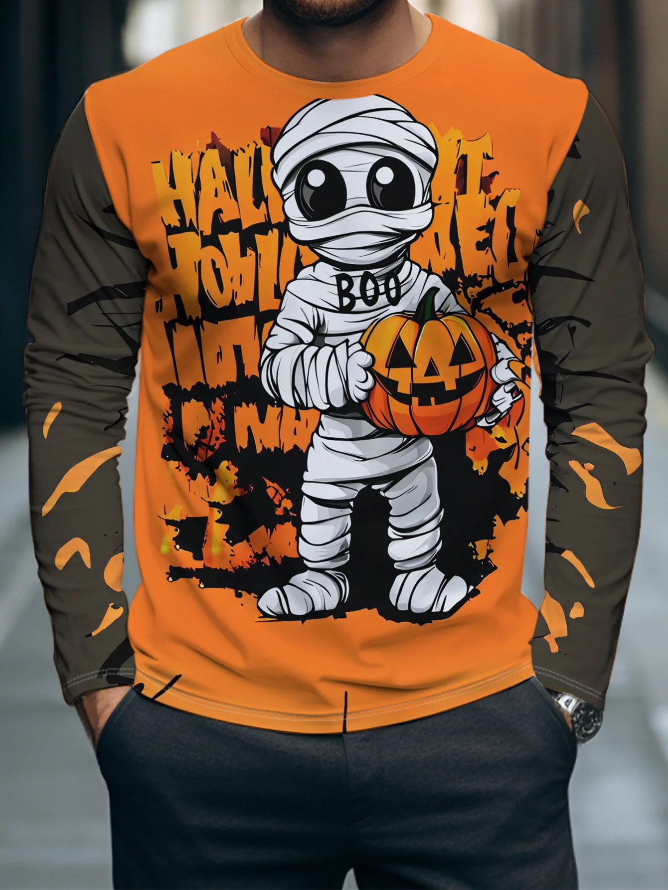 Men Long Sleeve T‑Shirt Cartoon Mummy Pumpkin Graffiti Print Crew Neck Halloween Party Casual Tops