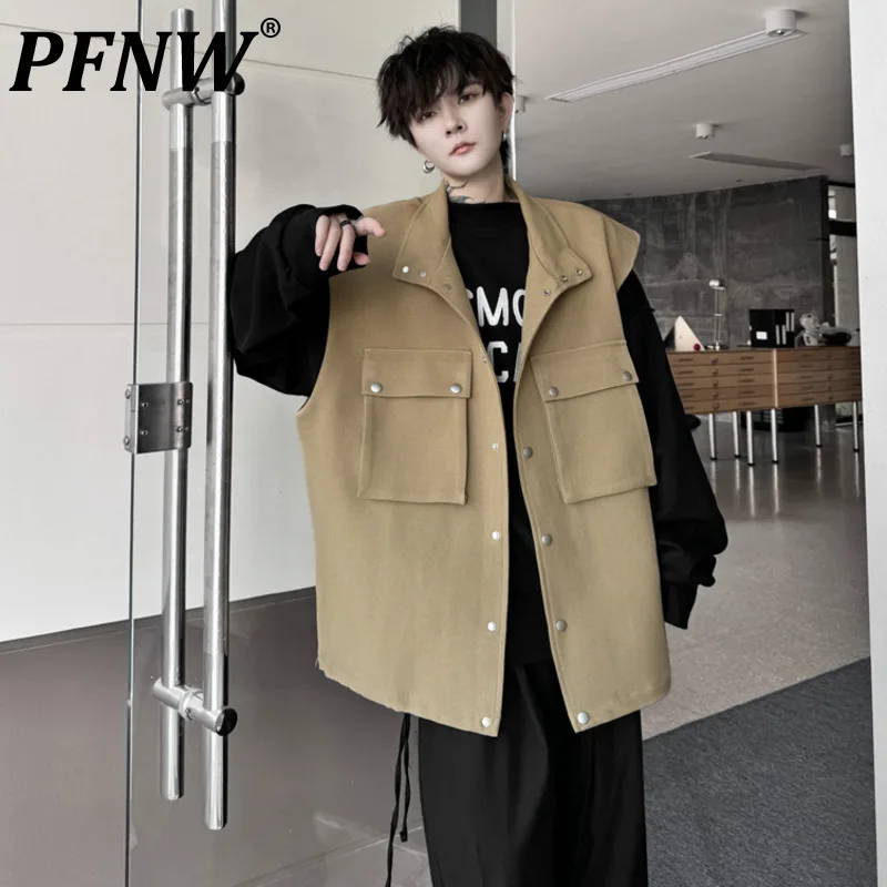 PFNW 2024 Autumn High Street Male Vest Solid Color Stand Collar Spliced Large Pocket Decoration Trendy Loose Casual Tops 28W4540