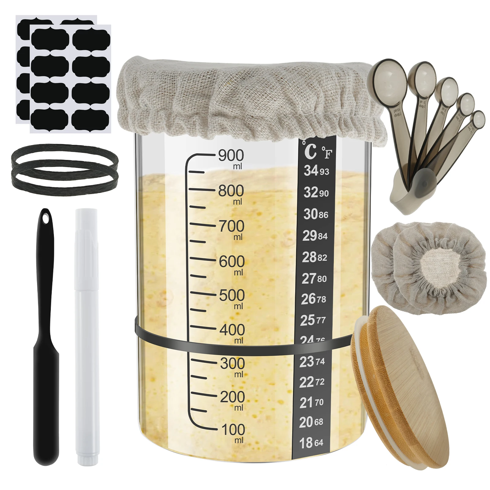 Frasco para Fermentación de Masa Madre de 900 ml, Recipiente de Vidrio Transparente con Tapa para Hornear Pan, Herramienta para Masa Madre