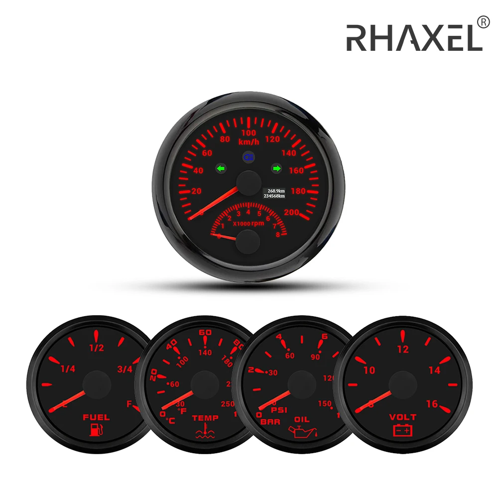 RHAXEL 5 Gauge Kit Speedometer GPS with Tachometer Water Temp Oil Pressure Fuel Level 12V Voltmeter for Racing Motorcycle Yachts