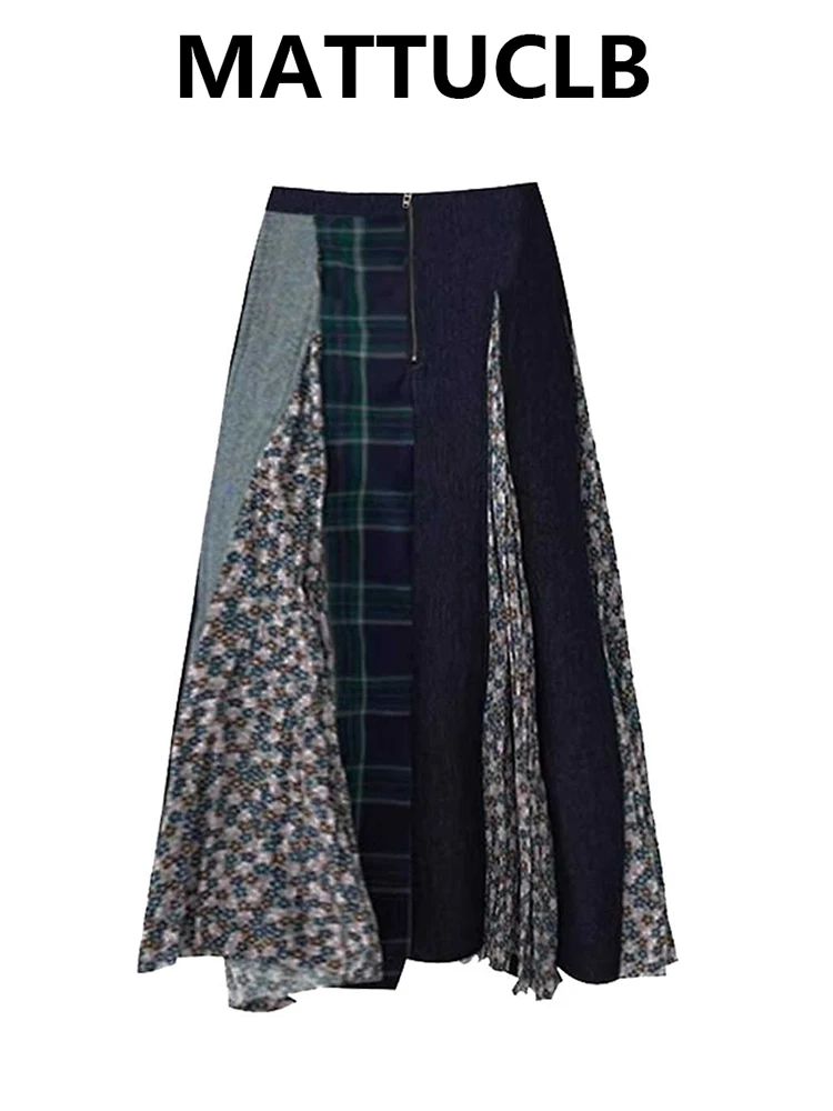 Women's Midi Skirt A-line Denim Patchwork Design 2000s Aesthetic Korean Fashion Y2k Preppy Skirt Vintage Mori Girl Shoujo Party