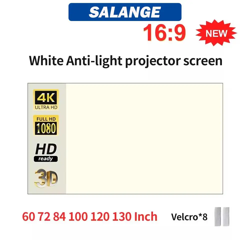 Salange Projector Screen White Grid Anti-Light 16:9 Projection Screen For Home 72 84 100 120 130 Inch Portable Reflective Cloth